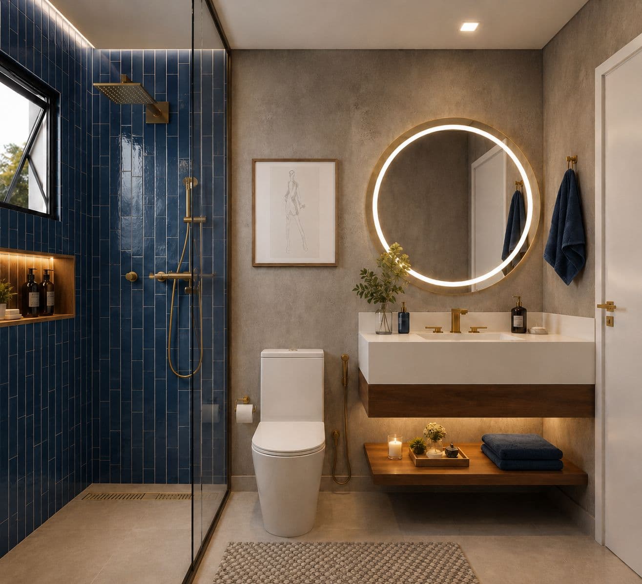 Banheiro com revestimento azul, detalhes dourados e espelho iluminado