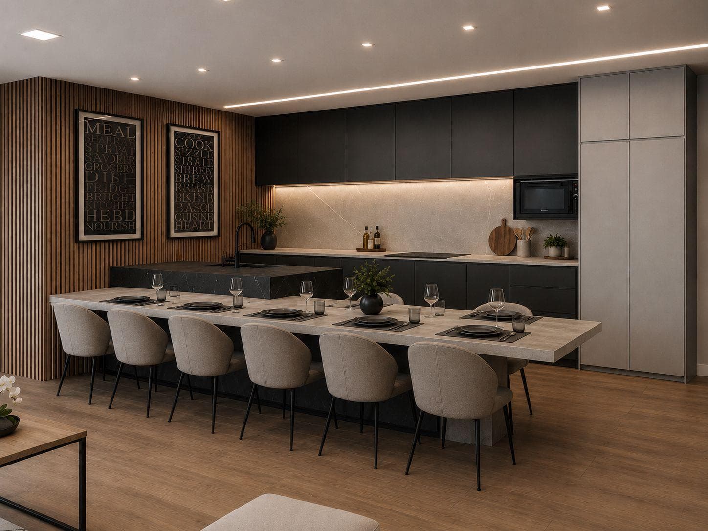 Cozinha integrada com ilha e mesa de jantar da unidade decorada
