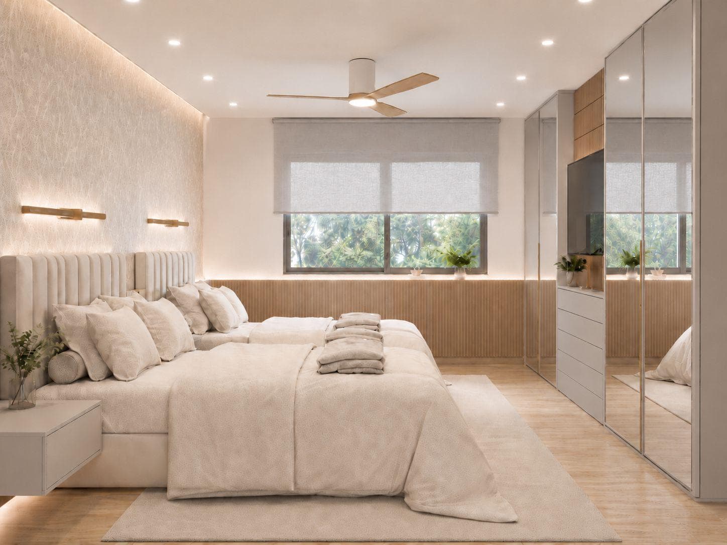 Suíte decorada em tons neutros com amplo guarda-roupa